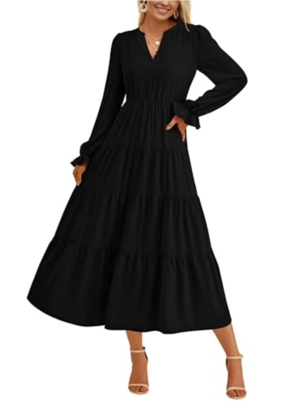 Long Sleeve V Neck Maxi Dress Tiered Ruffle Flowy A Line Cocktail Party Dress